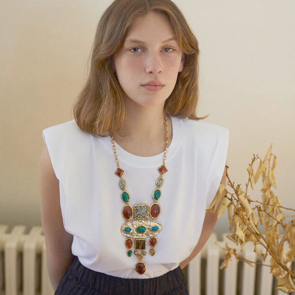 Vintage القبلية العرقية الملونة هندسية الأحجار الكريمة بيان قلادة للنساء بوهو سترة سلسلة الباروك العتيقة الهندي مجوهرات
