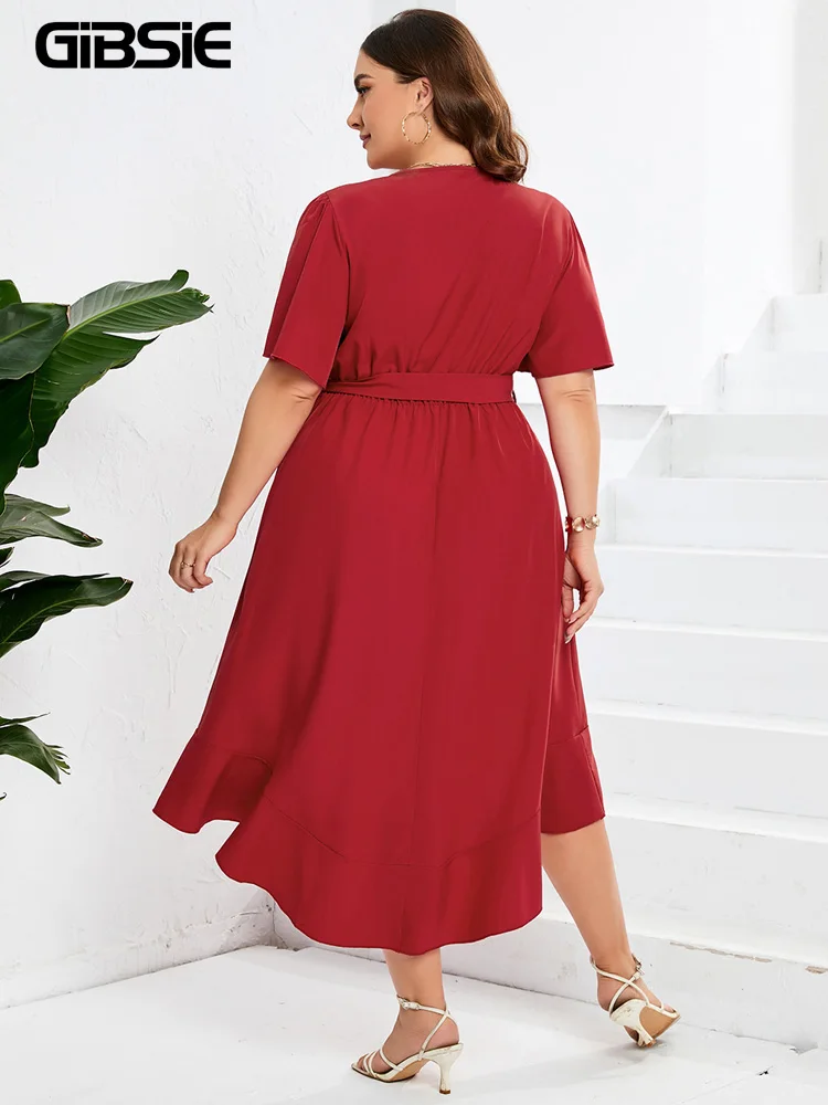 GIBSIE Plus Size Surplice Neck Belted High Waist Ruffle Hem Dress Women Summer Short Sleeve Pockets Asymmetrical Long Dresses