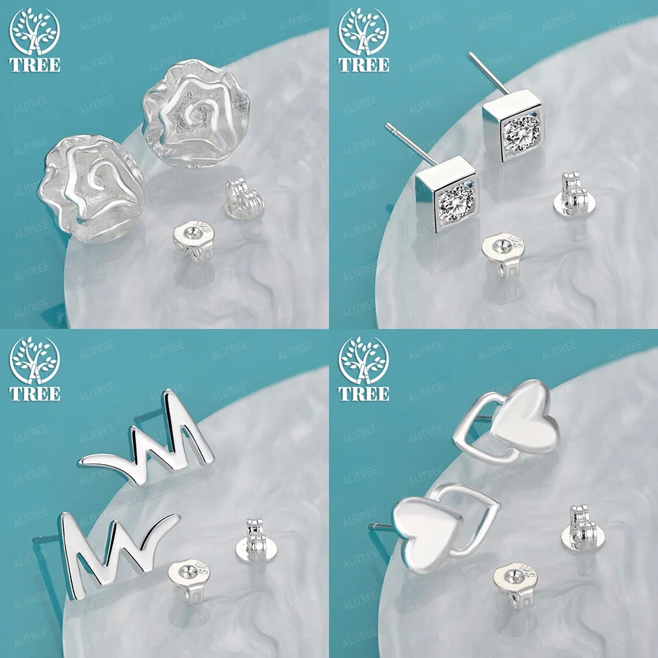 

925 Sterling Silver Flower Letter M Stud Earring Square Zircon Earrings Women Wedding Party Valentine's Day Jewelry Accessories