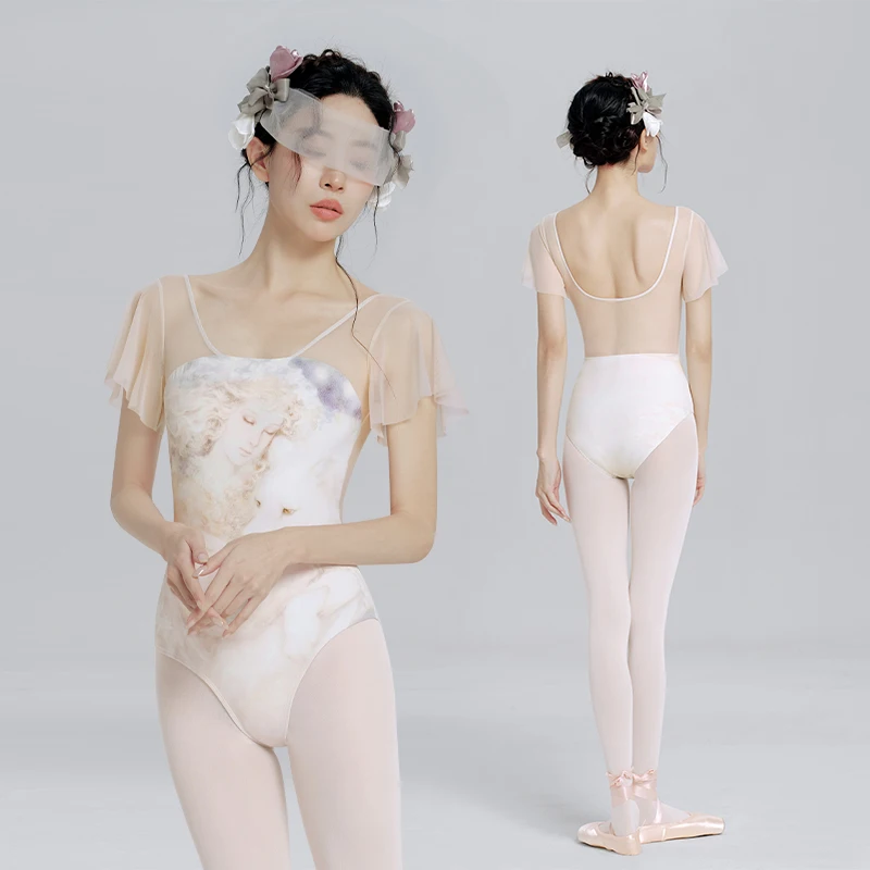 

Women Ballet Leotard Printing Ruffle Short Sleeve Dance Leotard Adult Mesh Splice Fairy Ballet Bodysuit