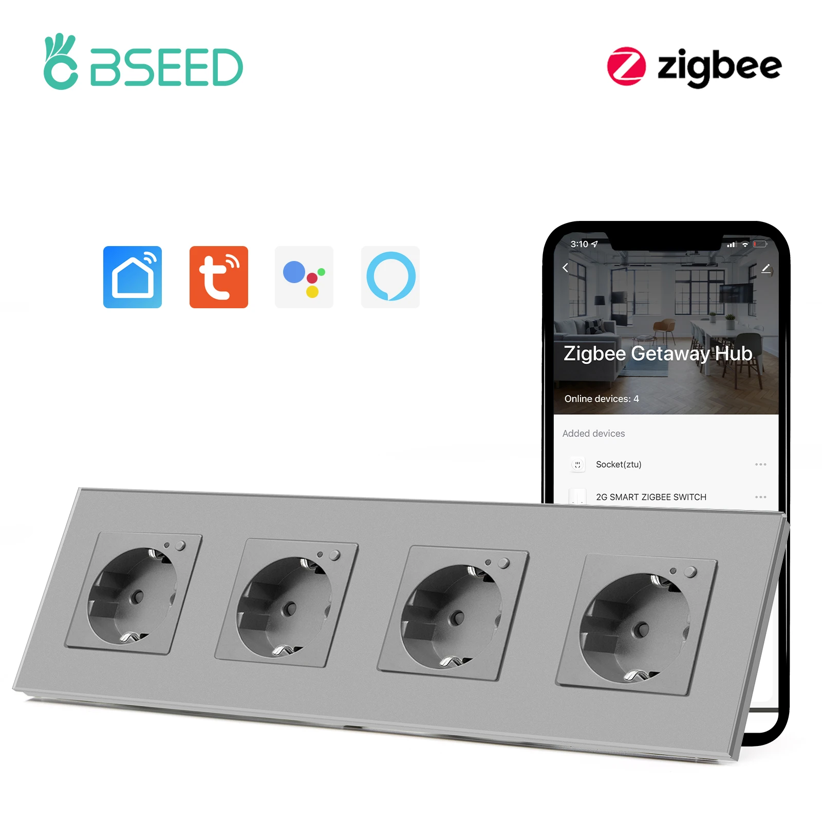 BSEED EU ZigBee Wall Sockets Quadruple Sockets 16A Power Monitor Sockets Glass Panel Support Tuya App Google Alexa Voice Control