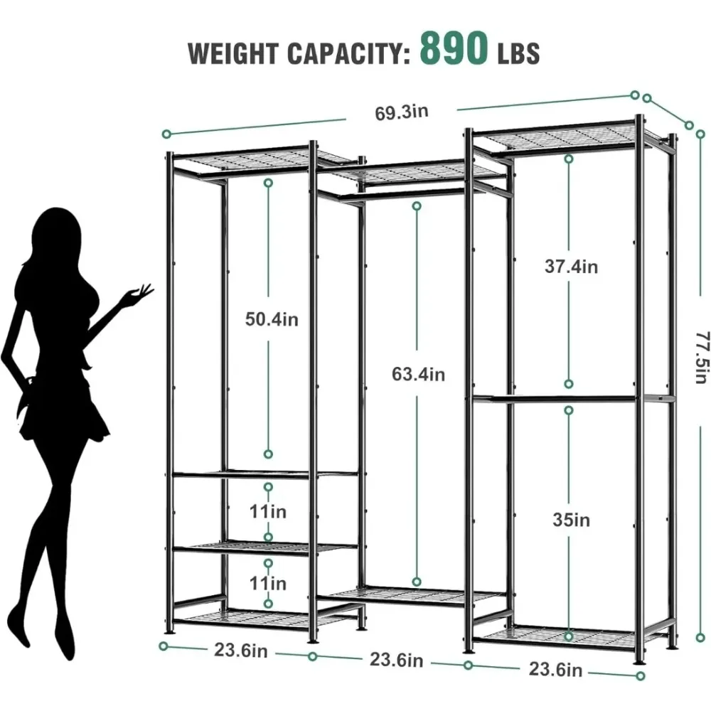 Wardrobe Closet Heavy Duty Clothes Rack, Portable Closet Organizer System with 4 Hang Rods & 8 Shelves
