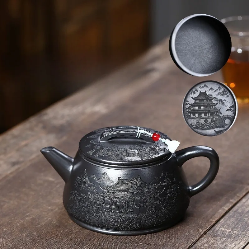 

Yixing Yixing purple clay teapot made from high-quality stone yellow clayhandmade and fullyengraved Yixuan attic Han tile teapot