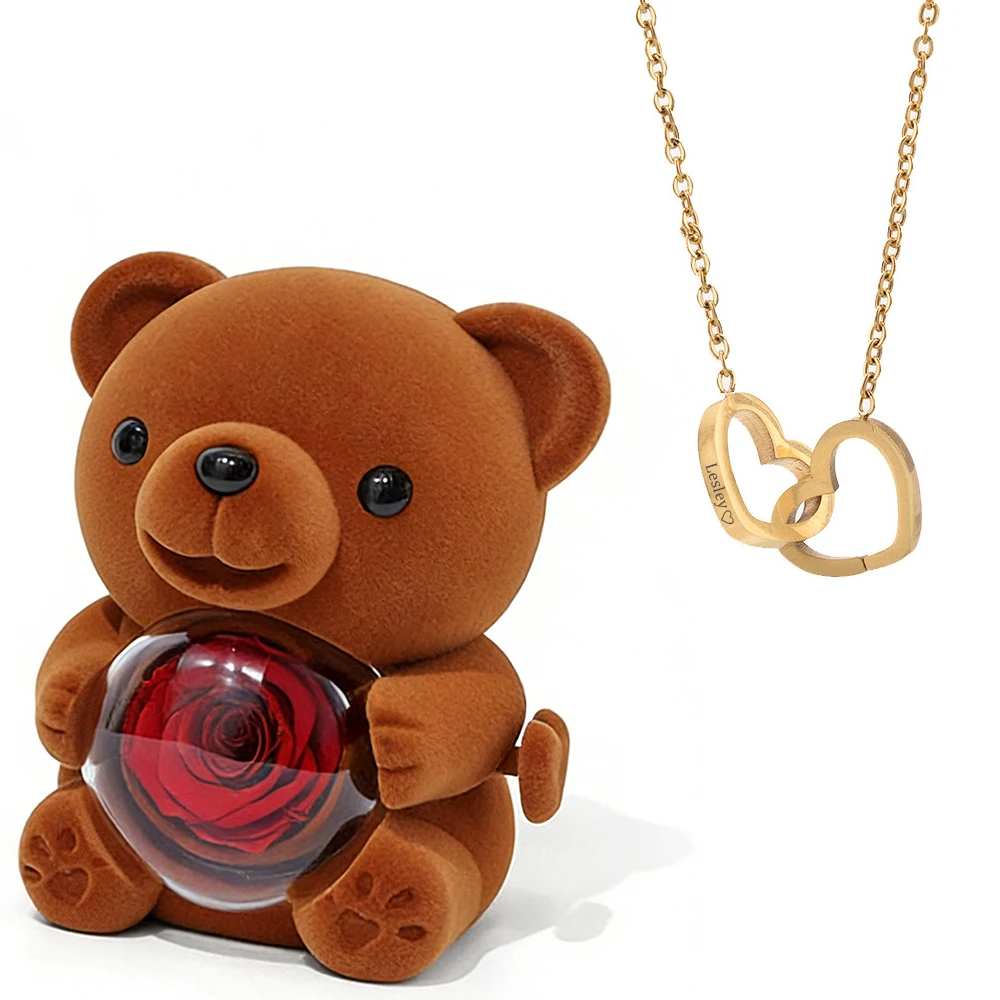 

Teddy Hug Bear Jewelry Box with Custom Engraved Name Necklace Velvet Plush Gift for Valentine's Day Mother's Day