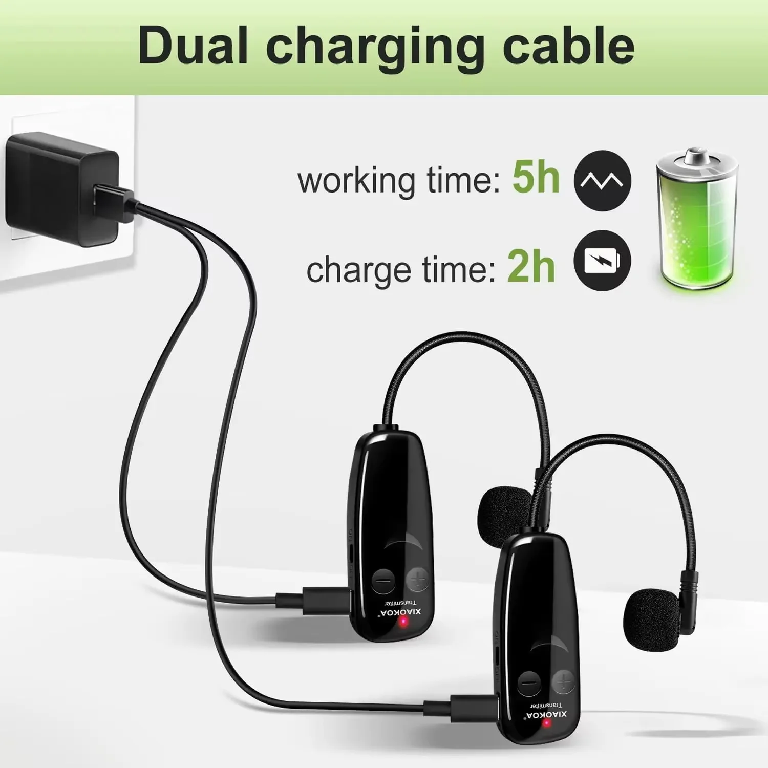 XIAOKOA Wireless Microphone Headset with LED display screen UHF  Dual Headset Microphone set Transmitter with Receiver