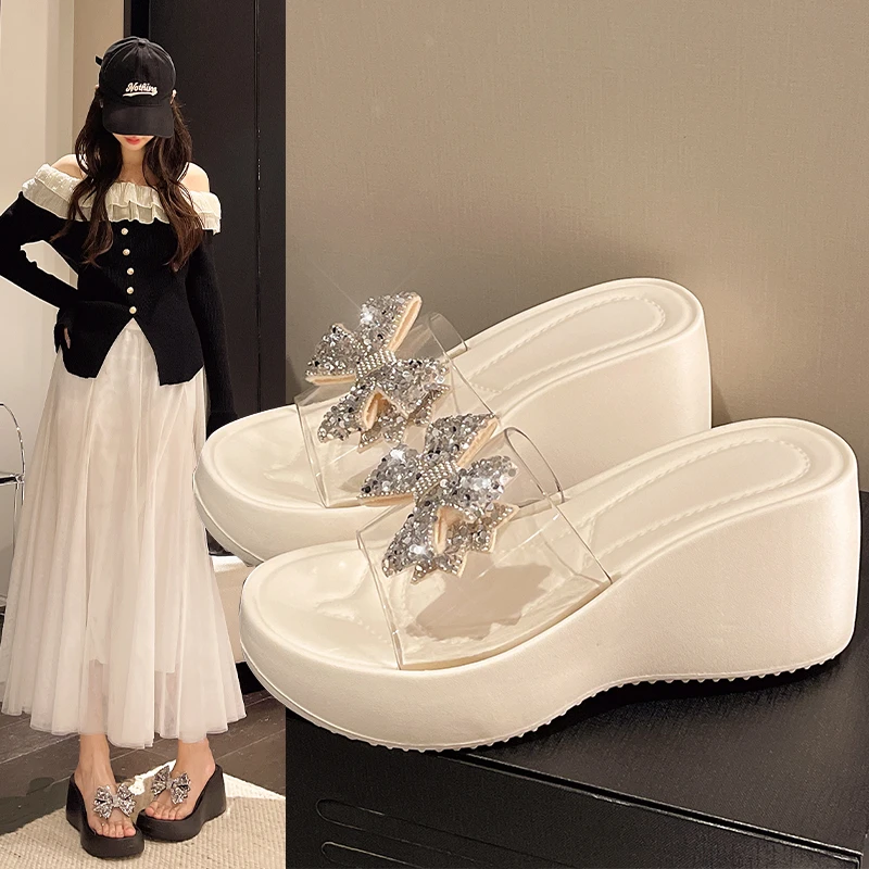 Luxury Silver Glitter Bowknot Slides Transparent Pvc Strap Chunky Platform Wedge Heels Slippers Sexy Party Dress Sandals Size