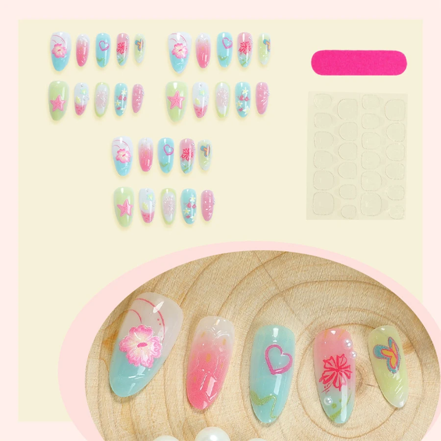 30-Piece Set of Summer Ocean-Themed Wearable Nails, Flower, Starfish, Heart Gradient Detachable Fake Nails, Includes Jelly Glue + Nail File, Fresh Manicure Stickers