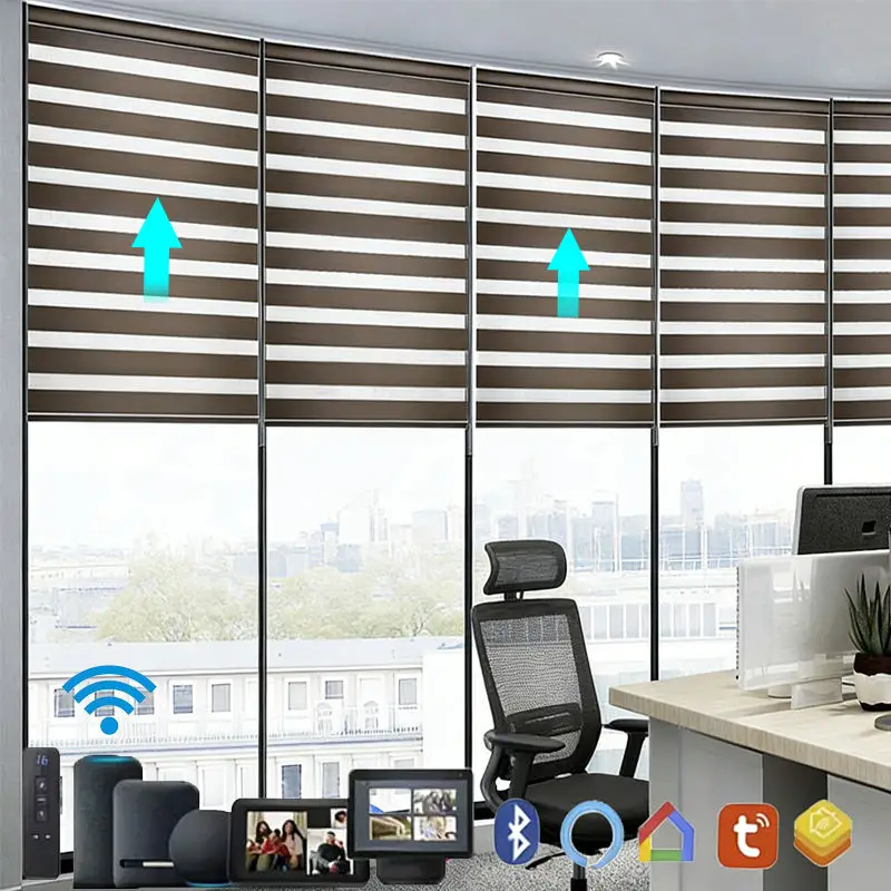 

Hot Selling Terylene 100%Blackout Fabric Voice Versions Timing Control Via Hub Zigbee Motor Motorized Zebra Blinds For Bedroom