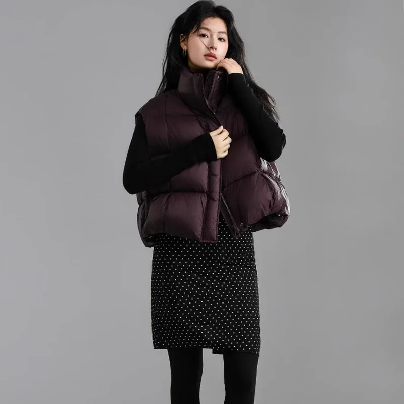 New Short Stand-Up Collar Thickened Down Women's Waistcoat For Winter Cream Puff-Like Warm White Duck Down Vest JJ645