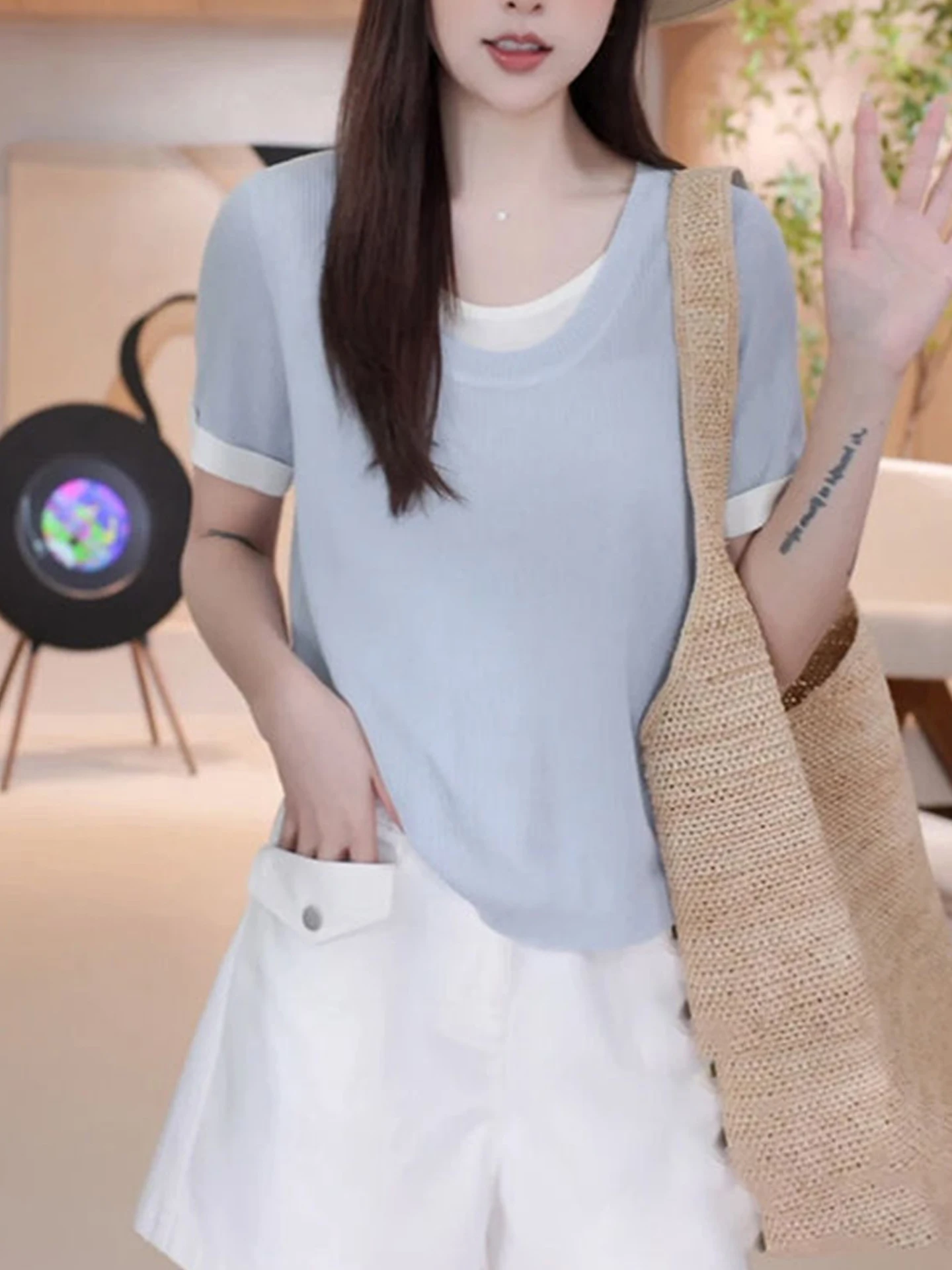 

Commuter Sle ort Sve Knitted Top Women's Faion Color Blo Crew Ne Sweater Gentle Wind New Arrival Summer 2025