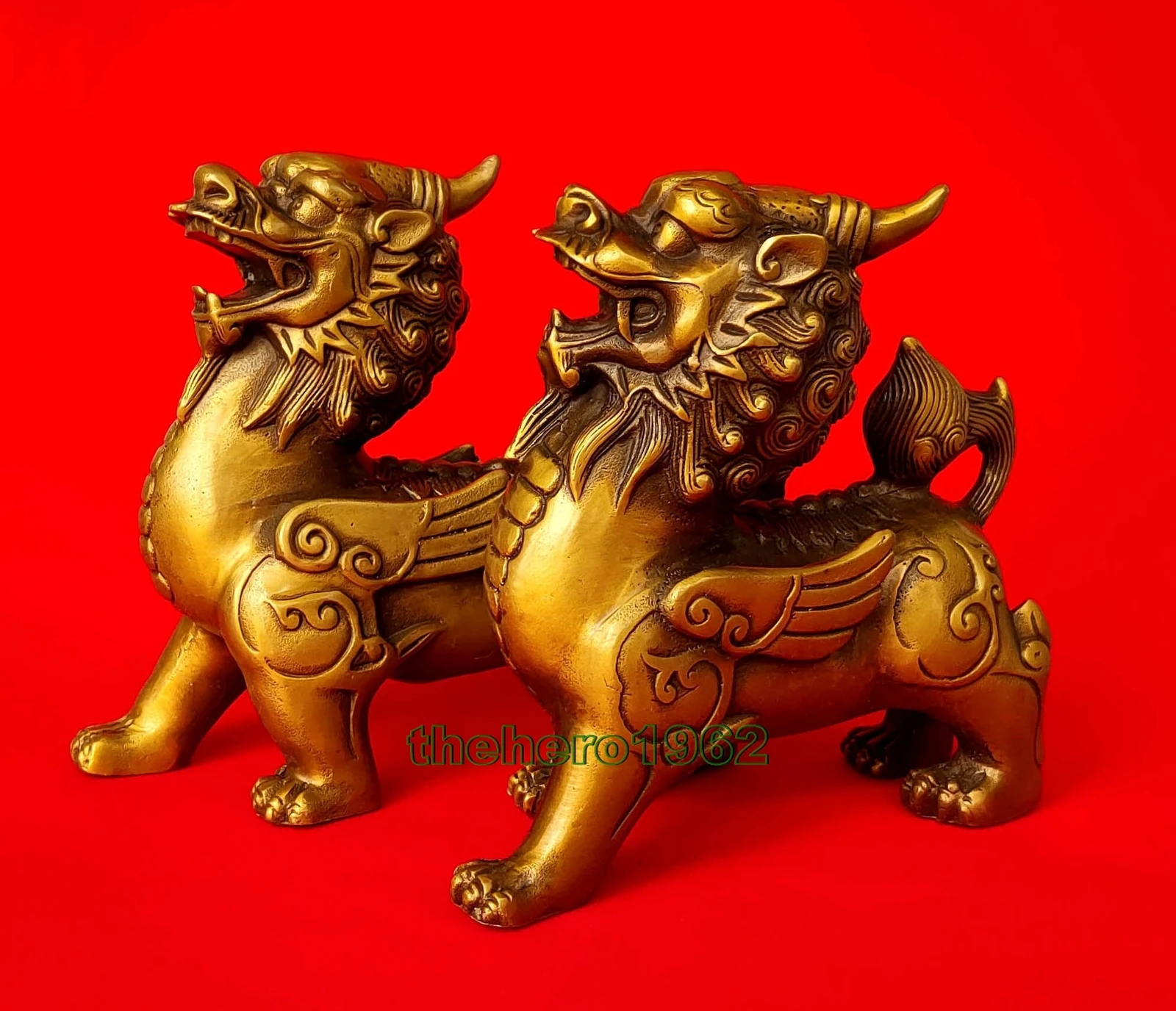 talisman Fengshui Evil Door Fu Foo Dog Lion beast kylin Unicorn pixiu Pair 14cm