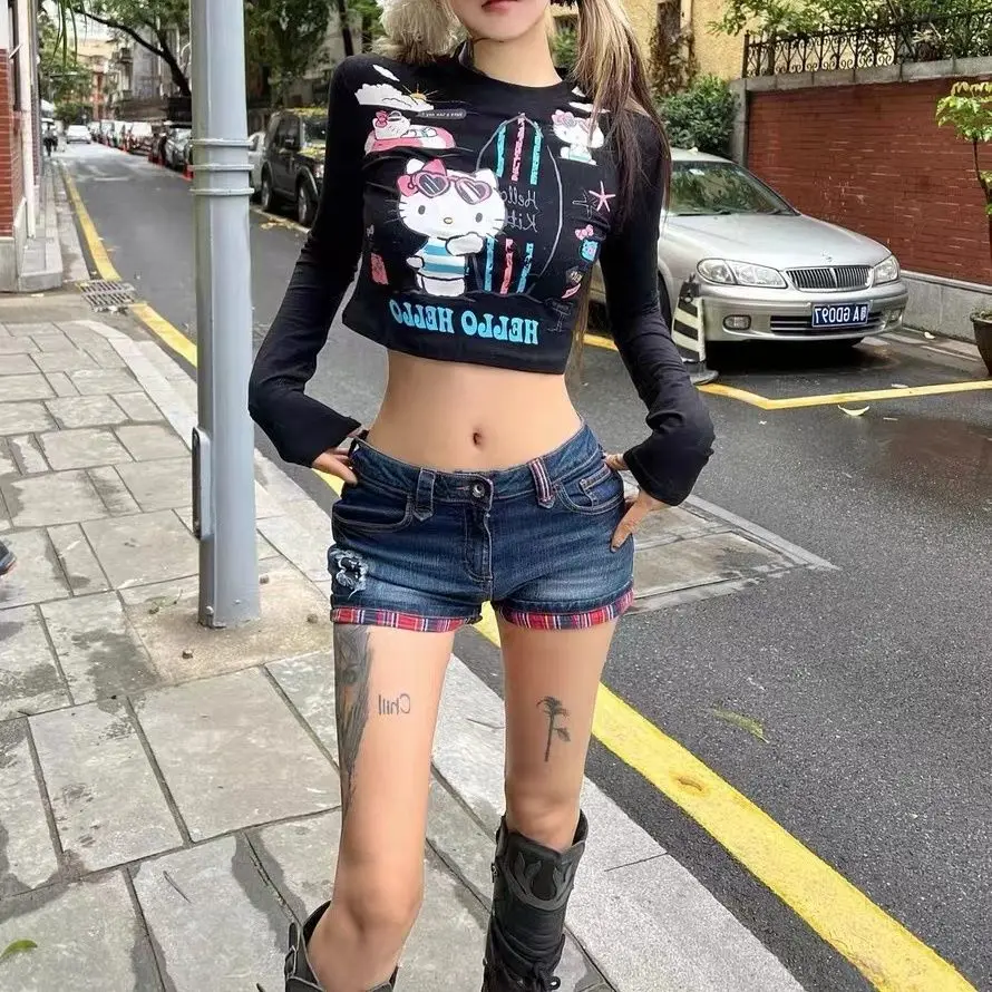 

Women's Denim Shorts Low Rise Waist Skinny Micro Mini Tight Female Short Jeans Pants Contrast Color Sexy Booty Casual Normal Hot