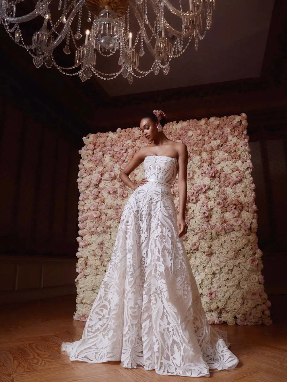 Customized Exquisite Strapless A‑Line Long Sleeve Wedding Dresses Fashion Large Floral Lace Open Back Floor Length Bridal Gowns