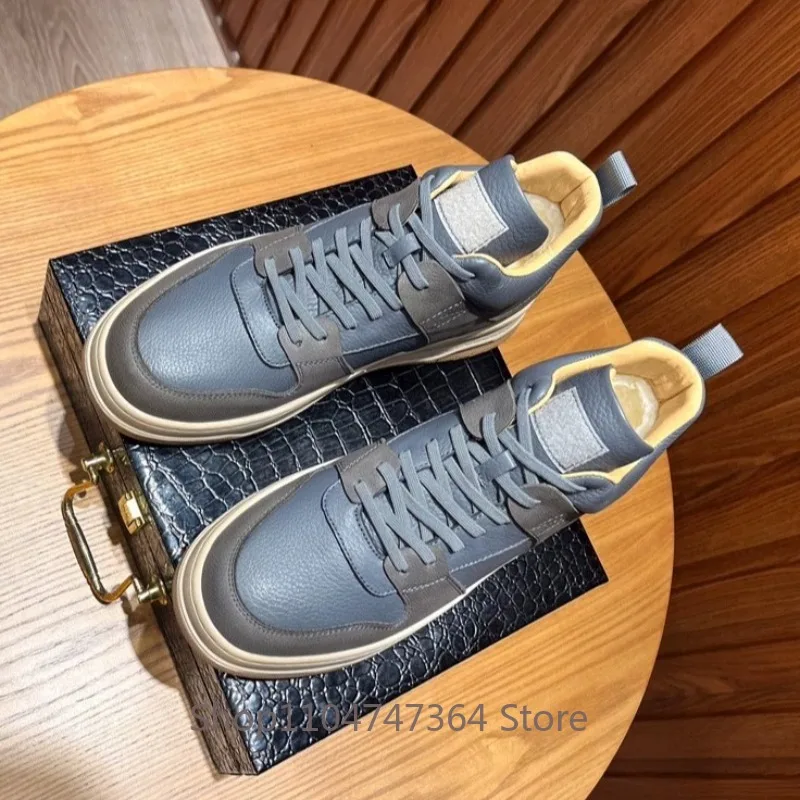 Retro Mid‑Top Winter Casual Shoes Men's Genuine Leather Wool Lined Patchwork Design Thick Sole Warm Non‑Slip Snow Ankle Boots
