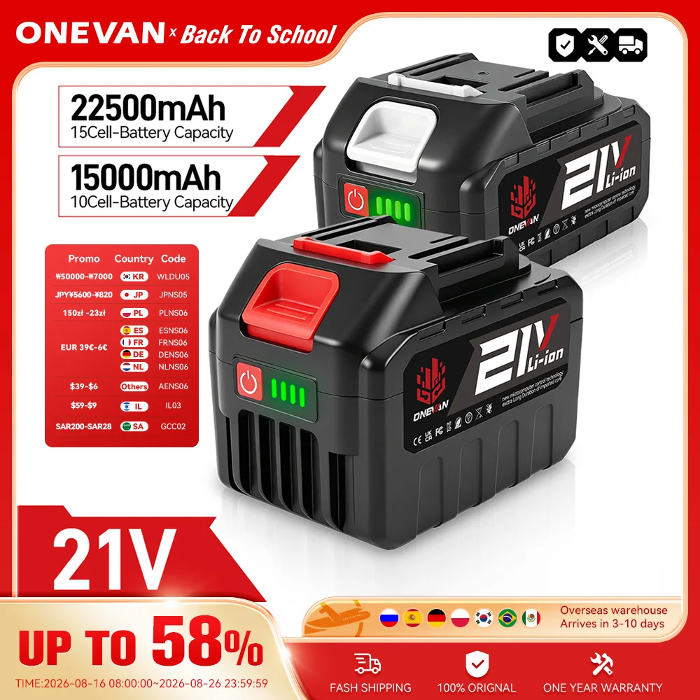 ONEVAN Wiederaufladbare Lithium-Ionen-Batterie 15000mAh Li-Ion-Akku Elektrische Kettensäge Schraubenschlüssel Elektrowerkzeug für Makita 18V Batterie