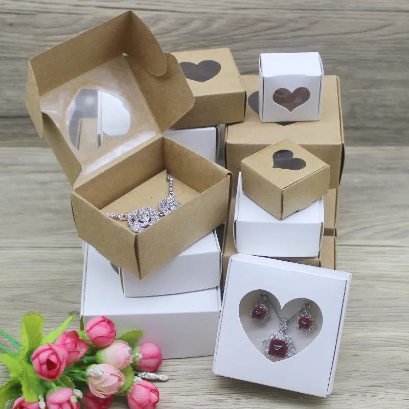 10pcs DIY Handamde Paper Jewelly Necklace Earring Packaging Box with Window Cowhide White Design Jewelry Ring Packaging Paper Bo