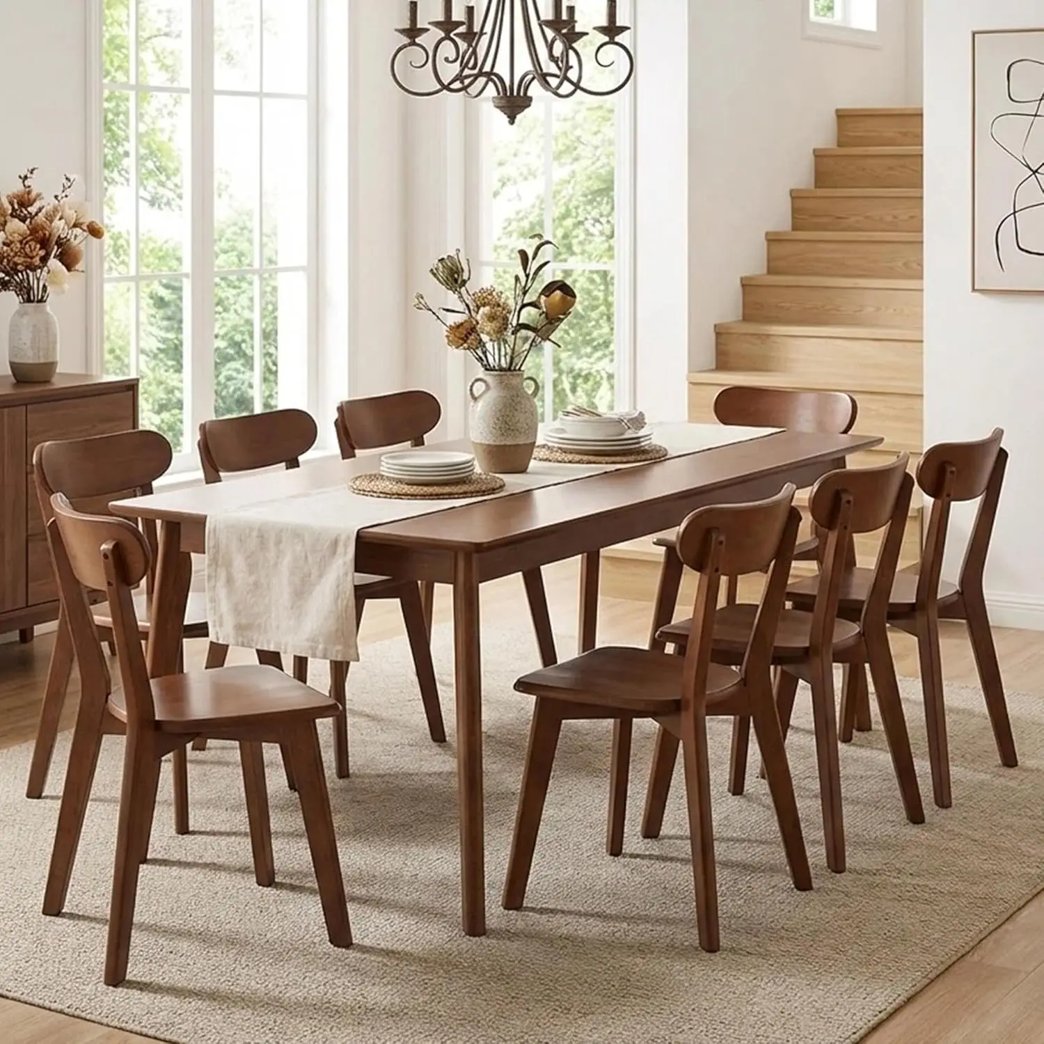 

Mid Century Walnut Dining Chairs Set of 8 Curved Backrest Solid Wood Kitchen Dining Room, Customized