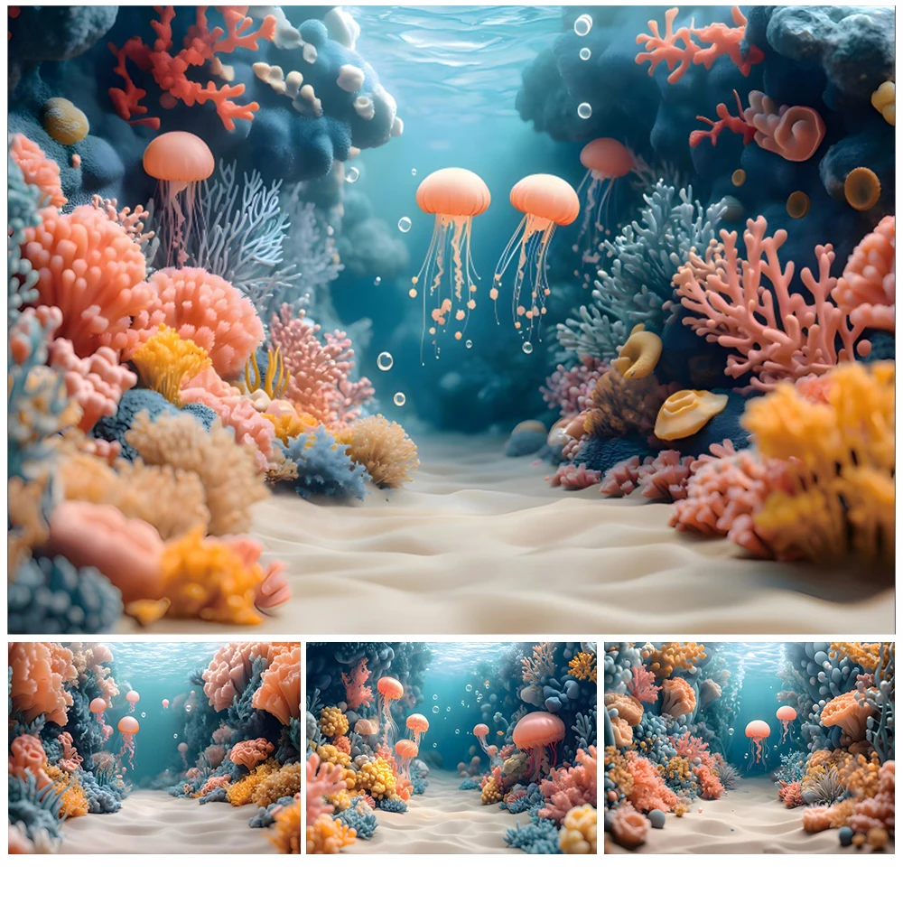 Underwater World Photography Backdrop Ocean Undersea Jellyfish Coral Mermaid Baby Birthday Party Decor Background Photo Studio