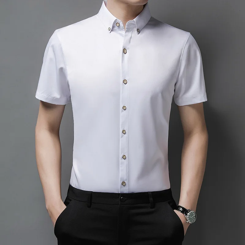 

Summer Men's Slim Fitting Business Work Shirt Casual Handsome Turndown Collar Short Sleeve Shirts For Men Soild Blouses Fashion