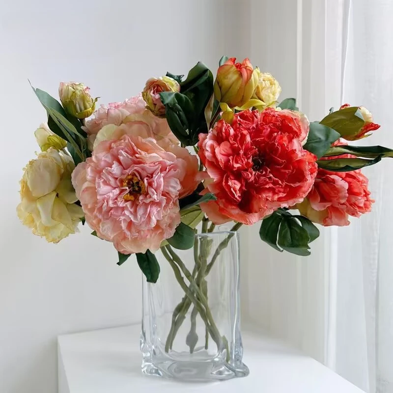 49 سنتيمتر الفاوانيا الرجعية زهرة اصطناعية ضوء الفاخرة كبيرة باقة الفاوانيا النفط اللوحة الرياح غرفة المعيشة زخرفة المنزل زهرة الديكور #2