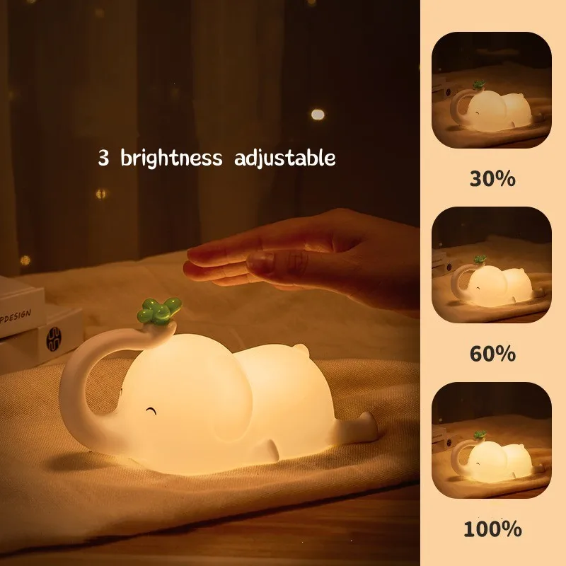 Cute Elephant Night Light Silicone For Kid Baby Cartoon Child Animal Touch Dimmable Timing USB Rechargeable Lamp Bedroom Decor