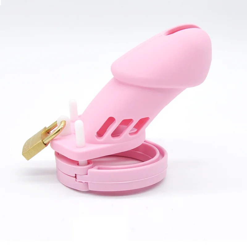 Pink Soft Silicone Male Chastity Cage Device Gimp Small/Large Lockable Ring Sex Toys with 5 Cock Ring Penis Sleeve for Men BDSM