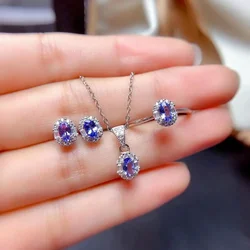 Natural Tanzanite Set Jewelry Gemstone Ring Earring Pendant Necklace Exquisite Wedding Jewelry Set for Women
