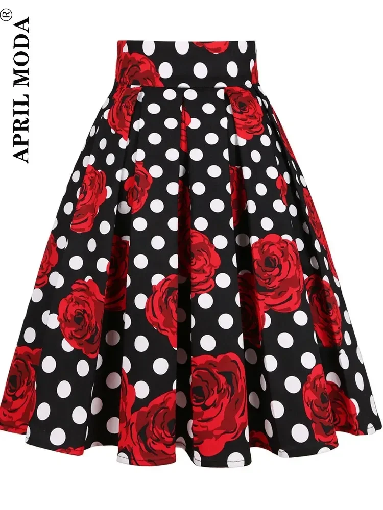 

2024 New High Waist Cotton 3XL Casual Skirts Harajuku Vintage Women Midi Skirt Daily Retro 60s Polka Dot Pinup Rockabilly Skater