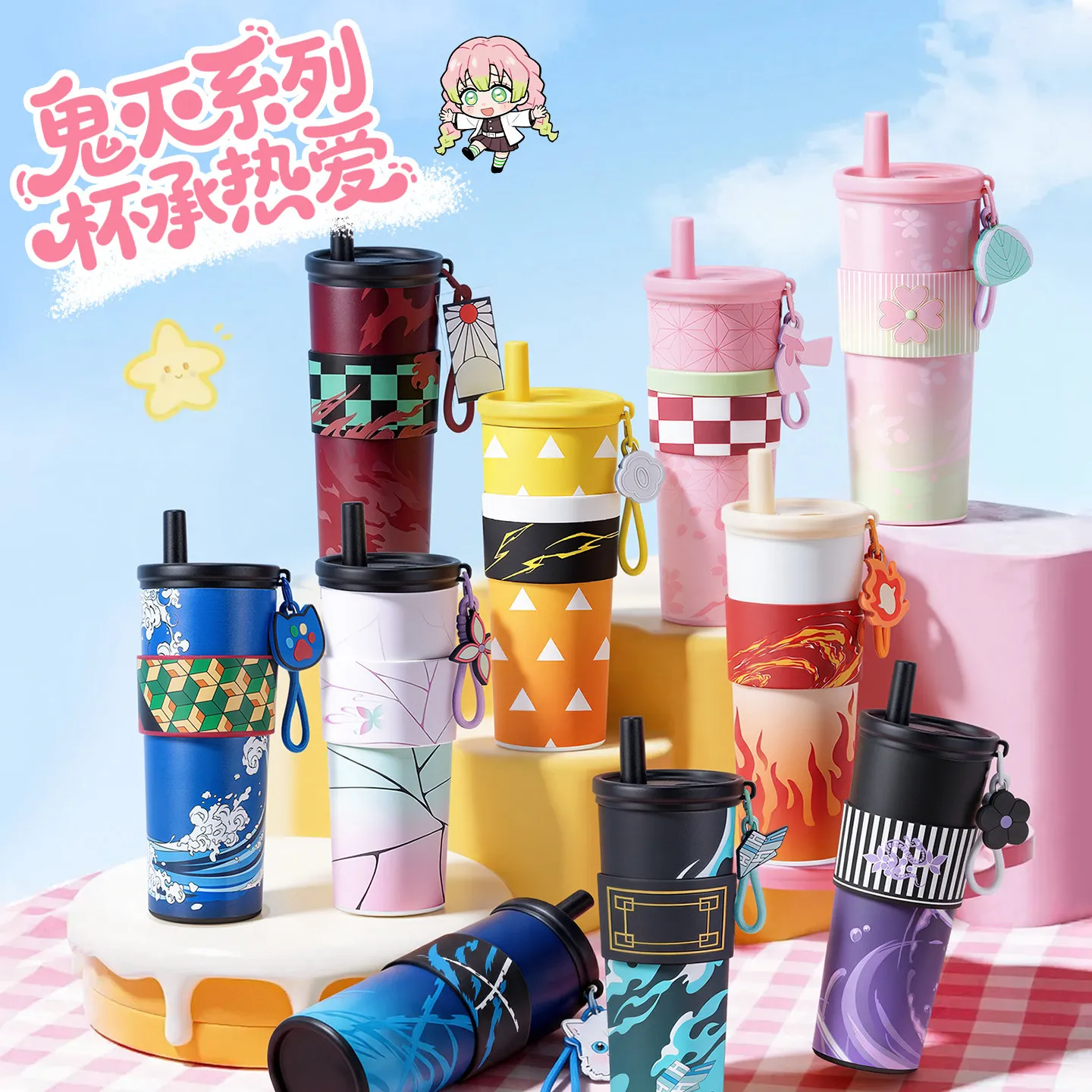 Hot Anime Demon Slayer Vacuum Cup 24 Oz Tomioka Giyū 316 Stainless Steel High Capacity Car Coffee Cup Straw Thermos Cup Gifts
