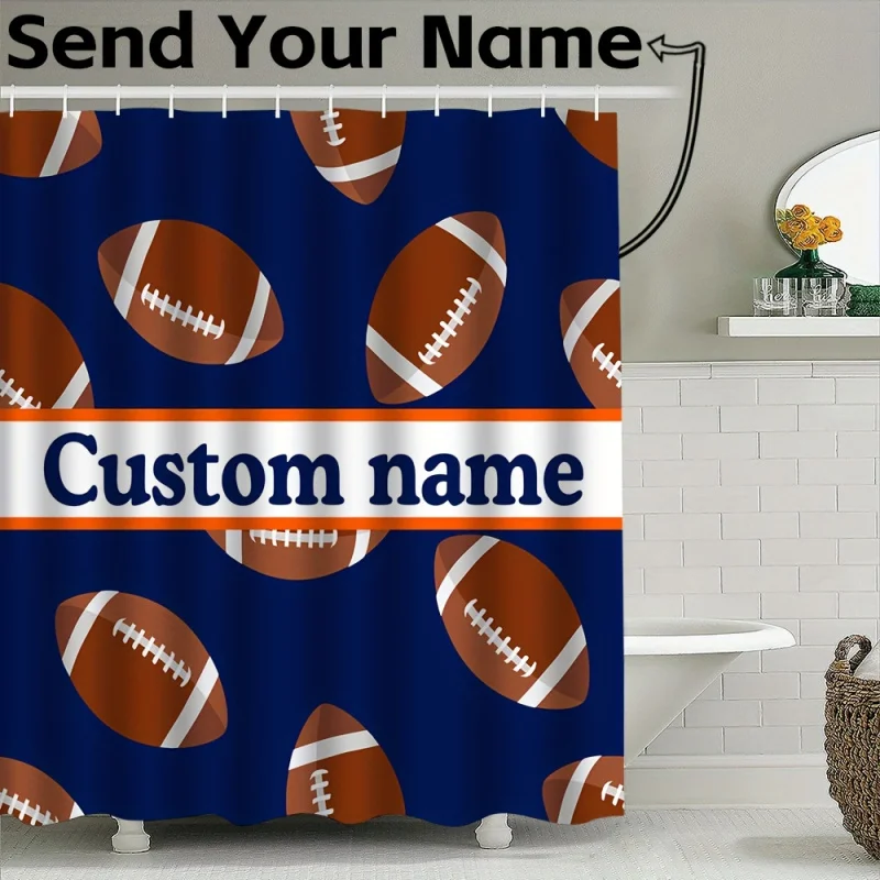 Custom Name Football Shower Curtain - Personalized, Oversized Rugby Print, Machine Washable Bathroom Decor with Privacy Window C