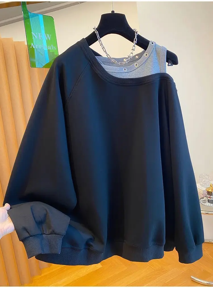 Fake Two Piece Casual Oversized Off Shoulder Sweatshirt Tops Women Designer Hollow Out Sweatshirt Fall Hoodie Jacket Outwear