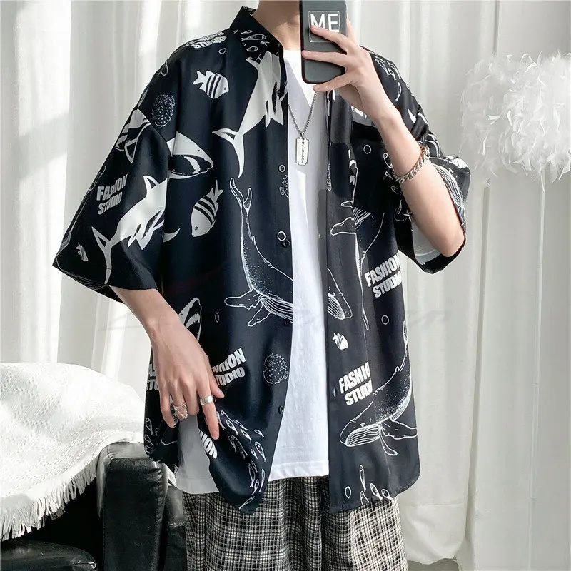 

Men's Shirts Korean Streetwear Short Sleeve Shirts Male Female Polo shirts Casual Clothing Printed Shark Turn-down Collar Tops