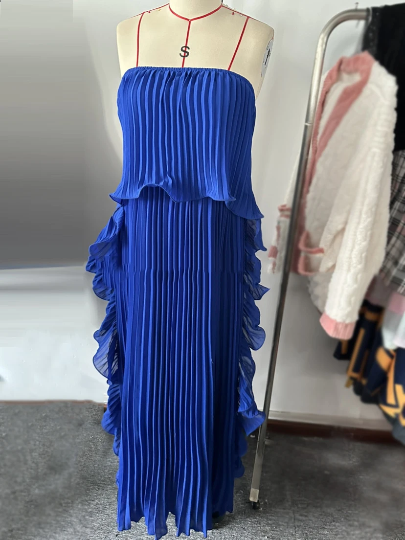 Robe longue plissée en mousseline de soie pour femmes, Sexy, sans bretelles, épaules dénudées, à volants, robe de soirée, tempérament, plage, vacances, Maxi
