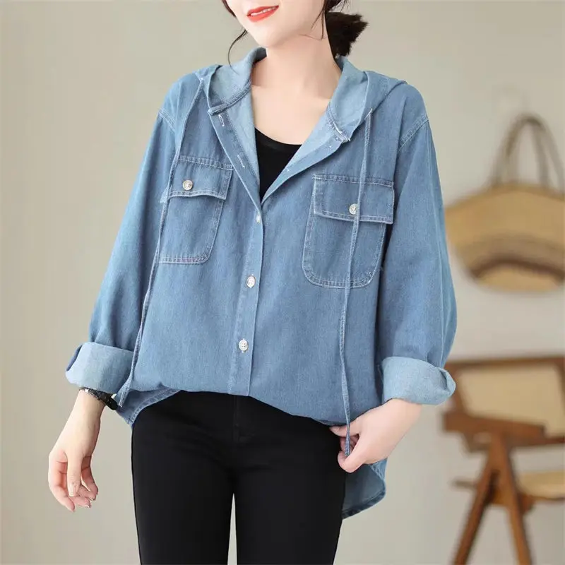 

Hooded Women's Denim Shirt Autumn 2023 New Korean Retro Design Casual Top Jacket SIngle Breasted Jeans Jaqueta Z3197