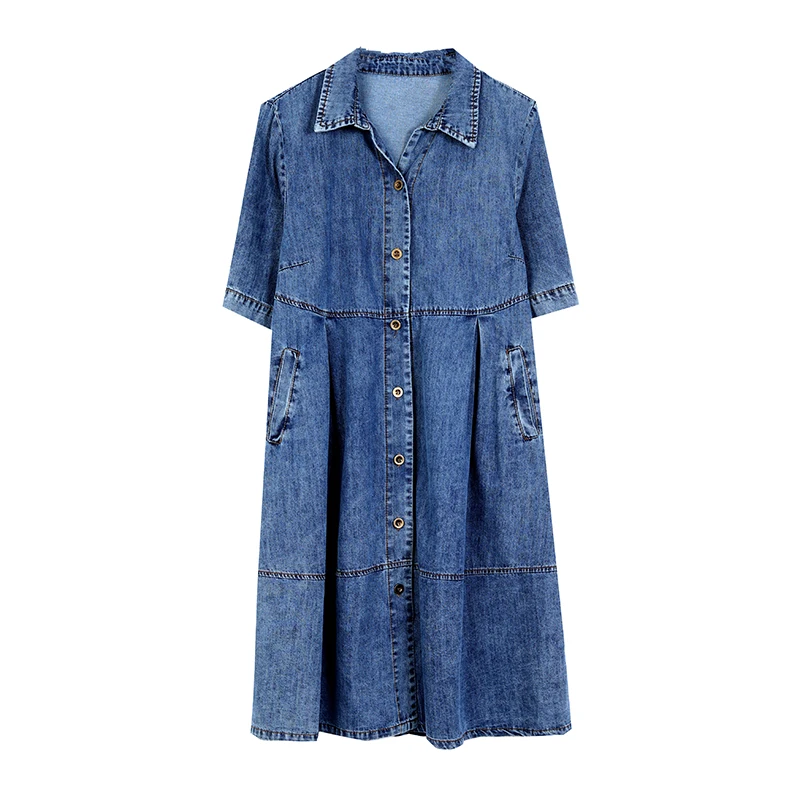 Korean  2023 New Summer Simple Fashion Thin Section Vintage All-match Loose Short Sleeve Denim Mid Length Dress Z414