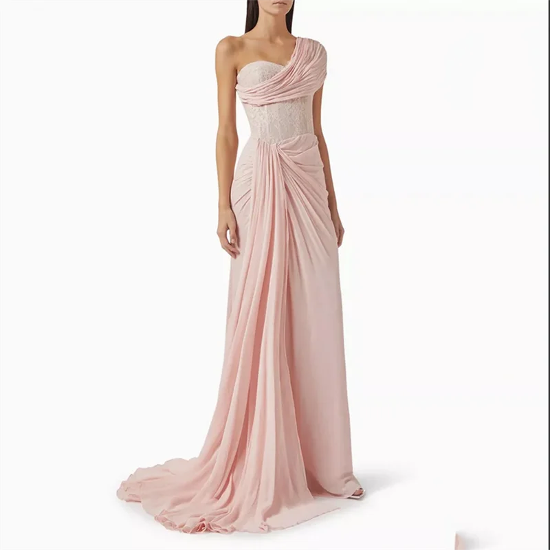 

Pink Chiffon Elegant Women Formal Occasion Dress One Shoulder A Line Prom Gowns Lace Long Pleat Party Dress 2025 Customized