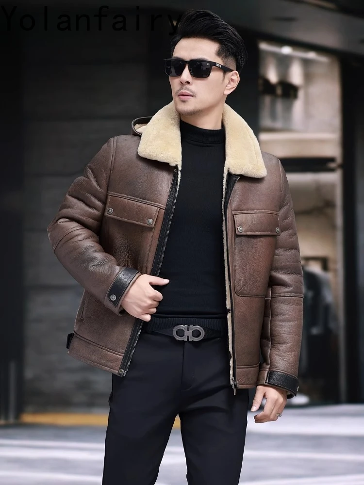 YOLANFAIRY Mantel Bulu Alami Musim Dingin 2025 Mewah Pria Jaket Kulit Domba Asli Pria Jaket Mantel Bulu Wol Hangat dengan Tudung yang Dapat Dilepas