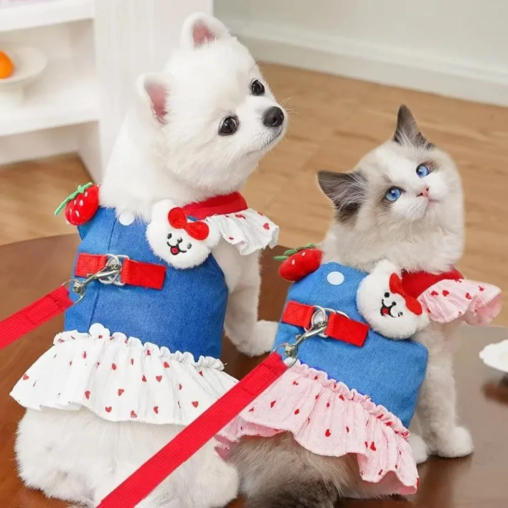 

Cute Dog Harness Dress with Leash Pink Strawberry Denim Puppy Princess Skirt Comfortable Heart Print Pet Dress Spring Summer