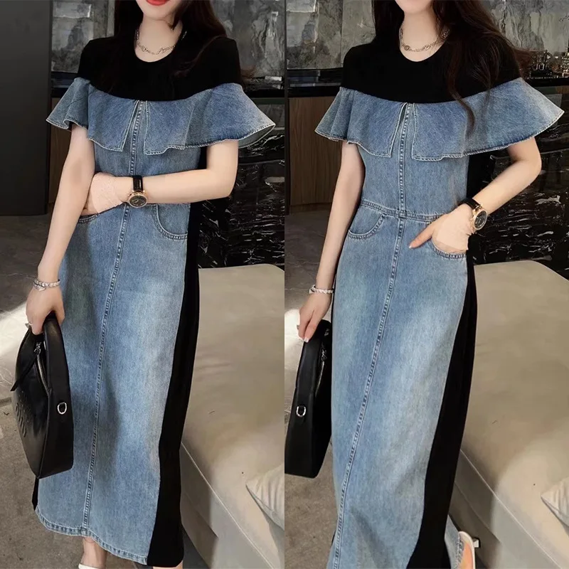 

Mid Length Dress Women Denim Dresses Round Neck Ruffles Sleeve Vestidos Streetwear Elegant Splice Y2k Work Party Summer
