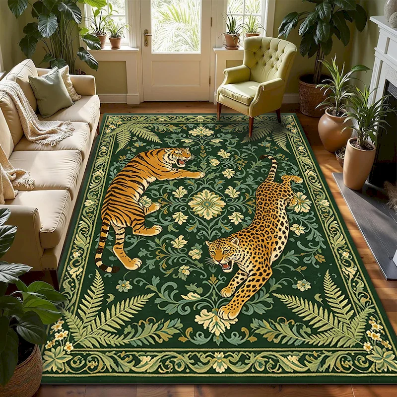 VIKAMA Jungle Animal Tiger Retro Flower Carpet Living Room Bedroom Anti Slip Soft Carpet Indoor Home Decoration