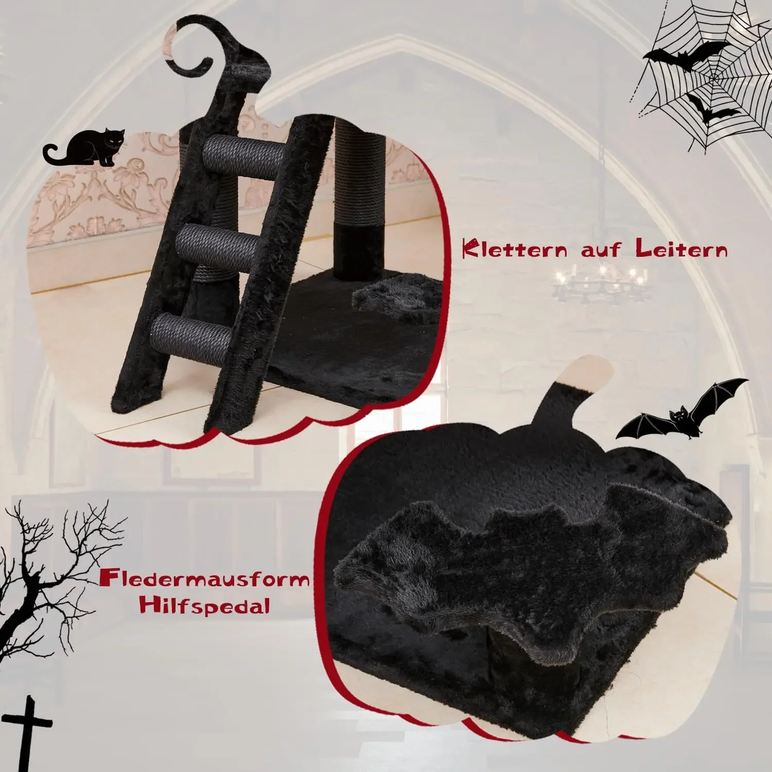 Gothic Cat Tree with Coffin Bed Cat Tower with Spacious Cat Condo Scratching Posts Spider Hanging Ball Multi Level