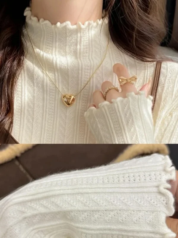 

White Half-High Collar Lace Knitted Base Layer Shirt Women's Premium Autumn Winter Fashion Commute Style Slim Fit Knitwear