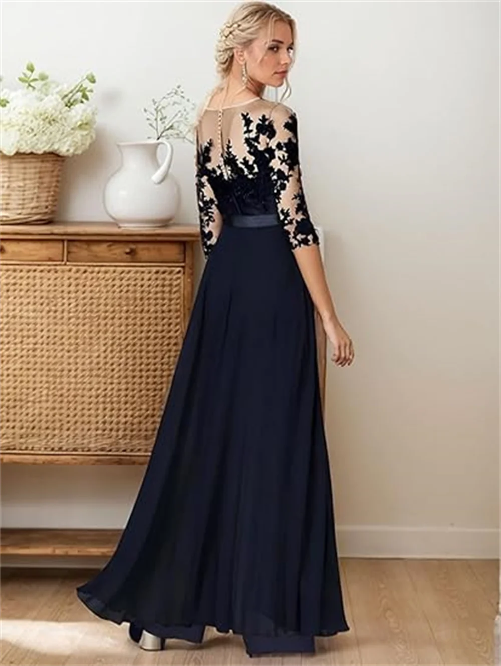 Jumpsuit Mother of The Bride Dresses For Wedding Guest Ankle Length 3/4 Sleeve Lace Applique Chiffon Formal Evening Gowns 2024