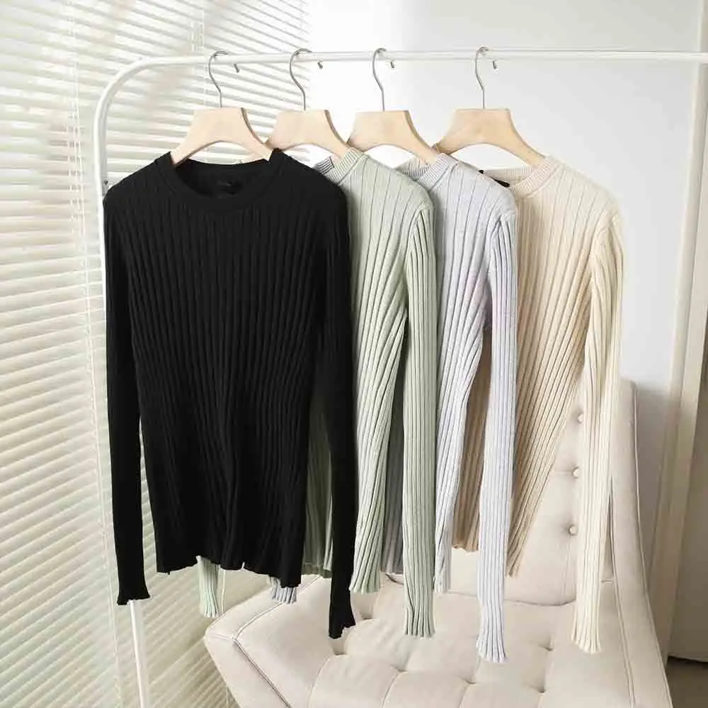 

Women 2023 Autumn New Fashion Casual Style Texture Base Knit Retro Long Sleeve Chic Round Neck Slim Fit All-match Sweater Mujer