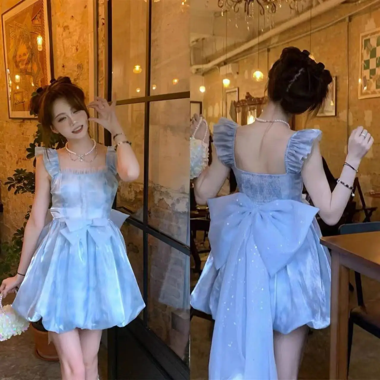 

Mini Dress Bow Flying Sleeve 2024 Summer Backless Blue France Vintage Women Sweet Elegant Dress Female Korea Evening Party Dress