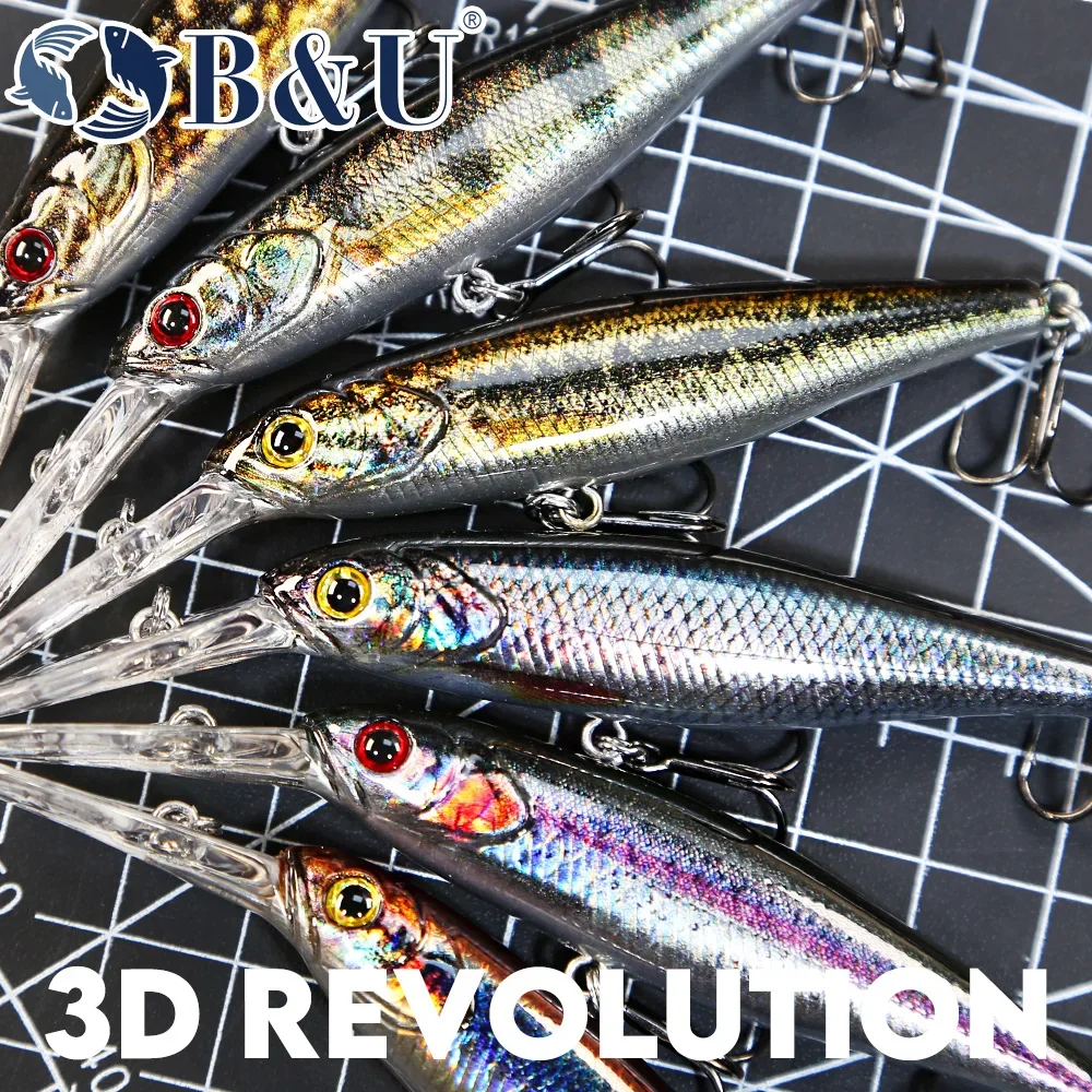 B&U  68mm 3D Printing Shad Suspending Minnow Artificial Fishing Lure Jerkbait Wobblers Bass Pike Swimbait Fishing Lures view 3