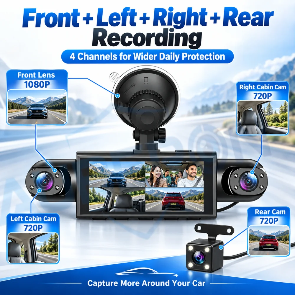 4 Channel Dash Cam 360° Car Video Recorder Black Box with Night Vision 24/7 Parking Monitor G-Sensor Loop Recording Auto Parts
