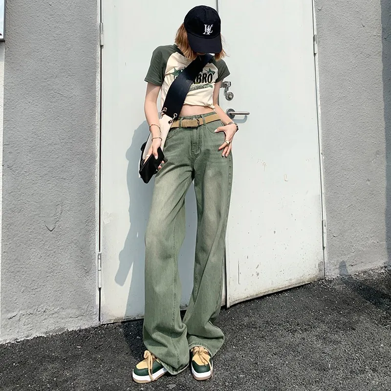 FINEWORDS Vintage Washed Green y2k Jeans Women Korean Baggy Wide Leg Jeans Streetwear Punk Vintage Casual High Waist Denim Pants