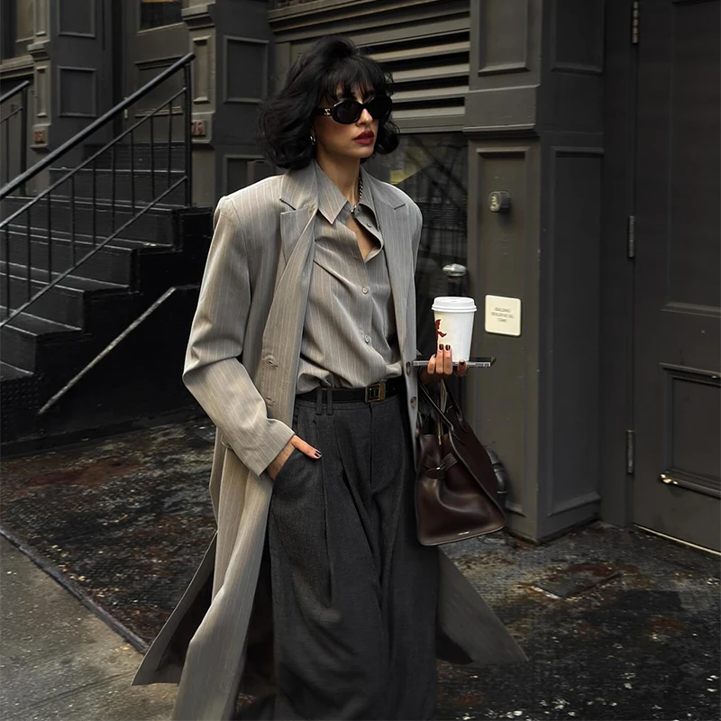 

Lady Elegant Long Trench Coat Office Casual Fashion Suit Autumn Buttoned Lapel Loose Jacket 2025 New Easy Matching Streetwear