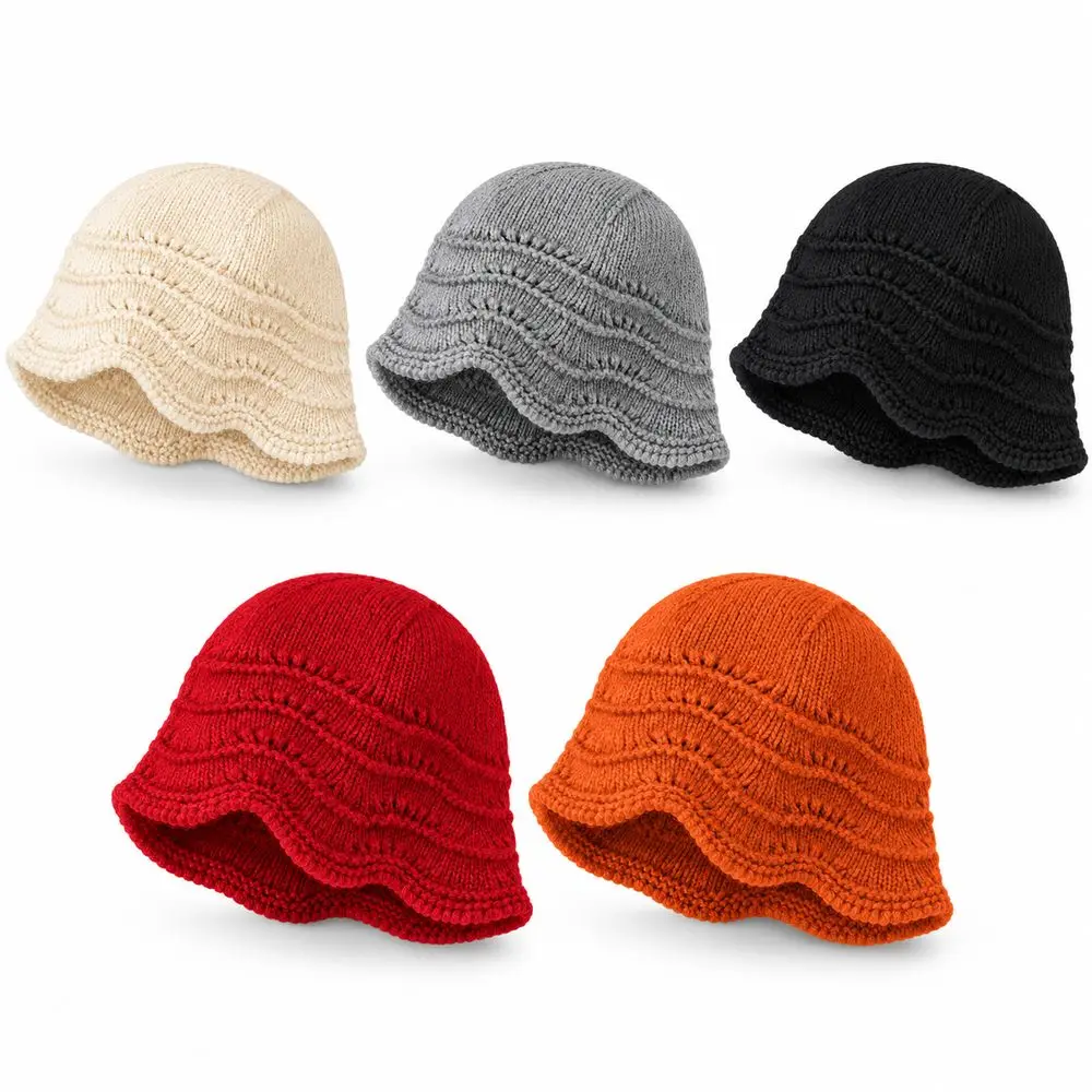 Gifts Hollow Knitted Hat Knitted Bucket Hat Hollow Out Wave Edge Earflap Beanie Earflap Knitted Fisherman Hat Daily Wear